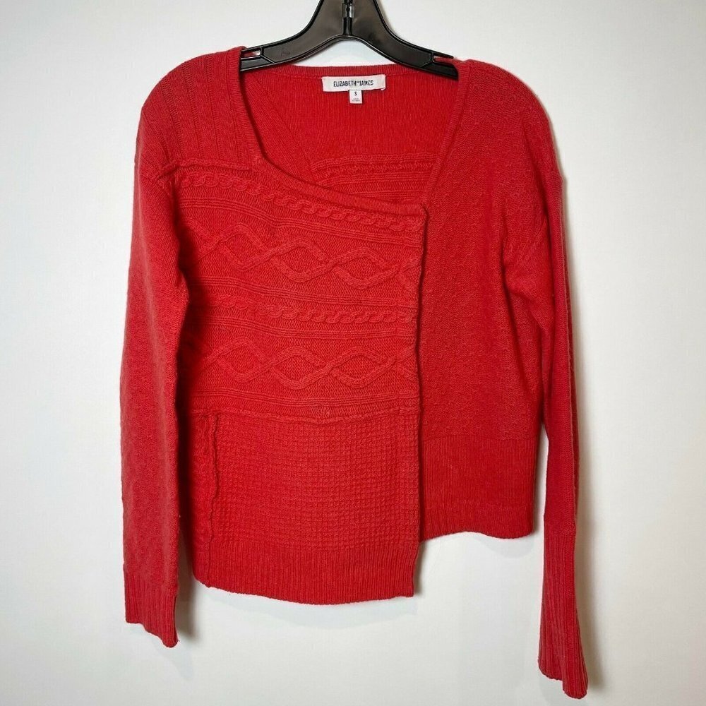 Elizabeth and James Cable Knit Asymmetrical  Cardigan‎ Sweater Red Orange S Snap